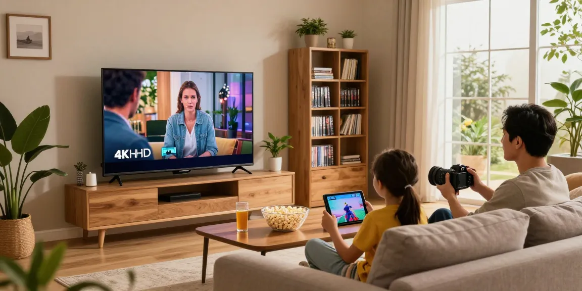 Gezin geniet van IPTV aanbieder met 4K UHD films in een moderne woonkamer.