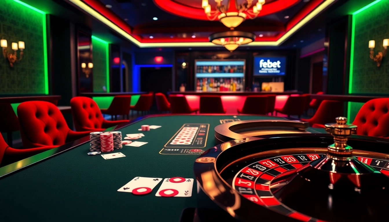Experience the excitement of febet with vibrant casino elements like poker chips and playing cards.