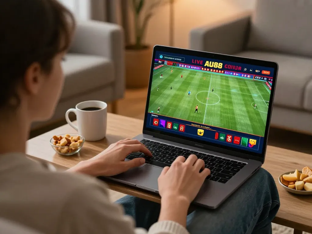 Engaged user betting on AU88 casino during a live football match from a cozy home setup.