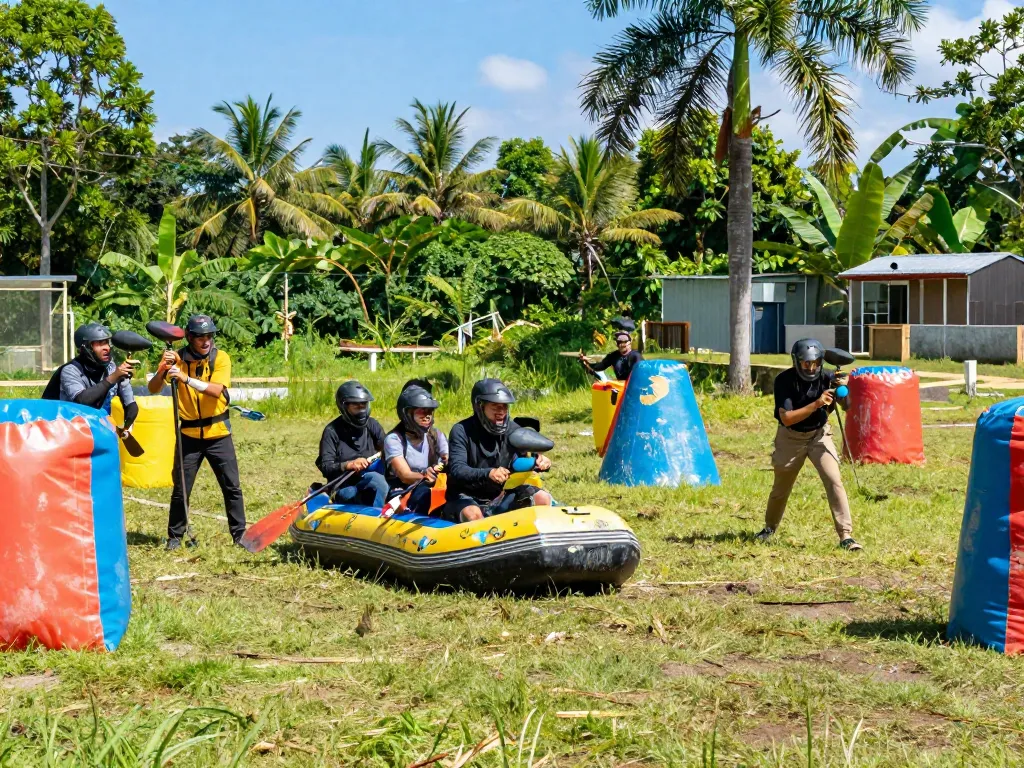 Kegiatan tim membangun luar ruangan dengan peserta outbound jogja yang menikmati arung jeram dan paintball di alam yang kaya warna.