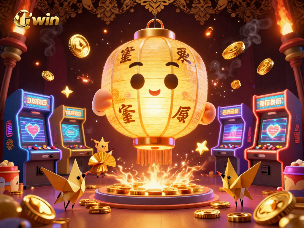 Iwin casino scene showcasing a giant golden lantern spirit amidst arcade machines, vibrant gaming icons, and lucky symbols.
