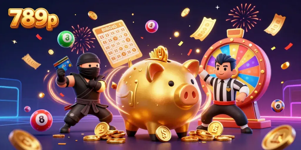 Join the excitement with 789p as colorful balls, golden tickets, and characters ignite the casino atmosphere.