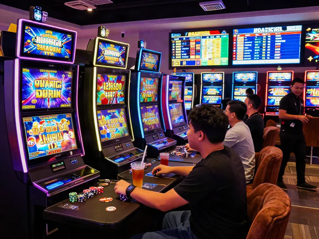 Exciting gaming lounge with players enjoying slot gacor machines in a vibrant setting
