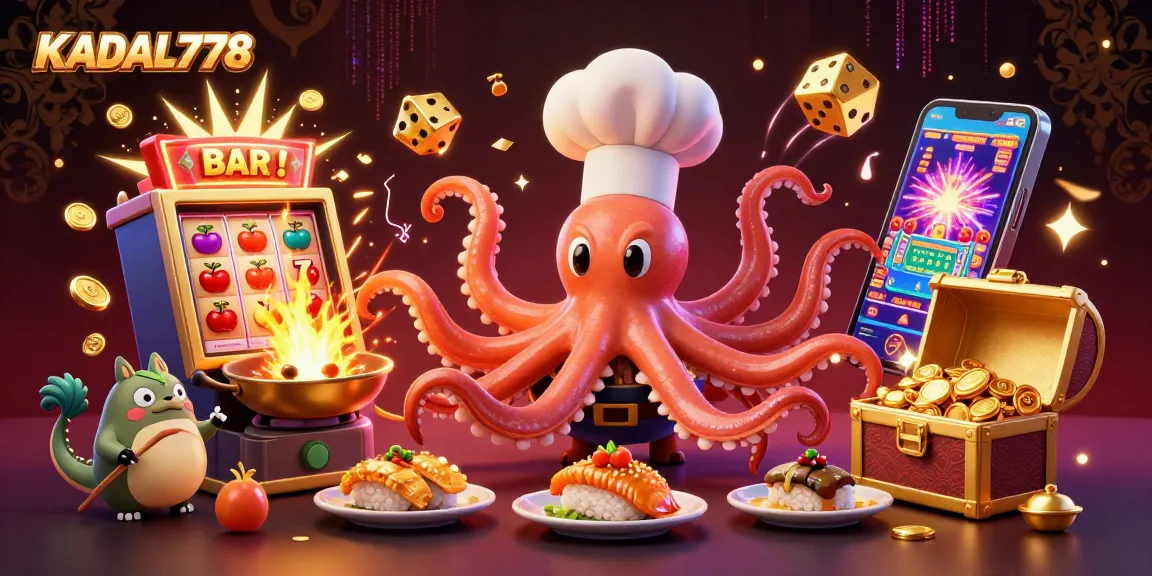 KADAL778 casino illustration showing an octopus chef and dragon, surrounded by riches, slots, and vibrant gambling elements.
