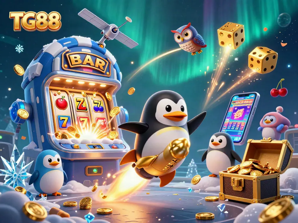 Experience exciting gaming with TG88 as the golden penguin zooms to a jackpot casino space!