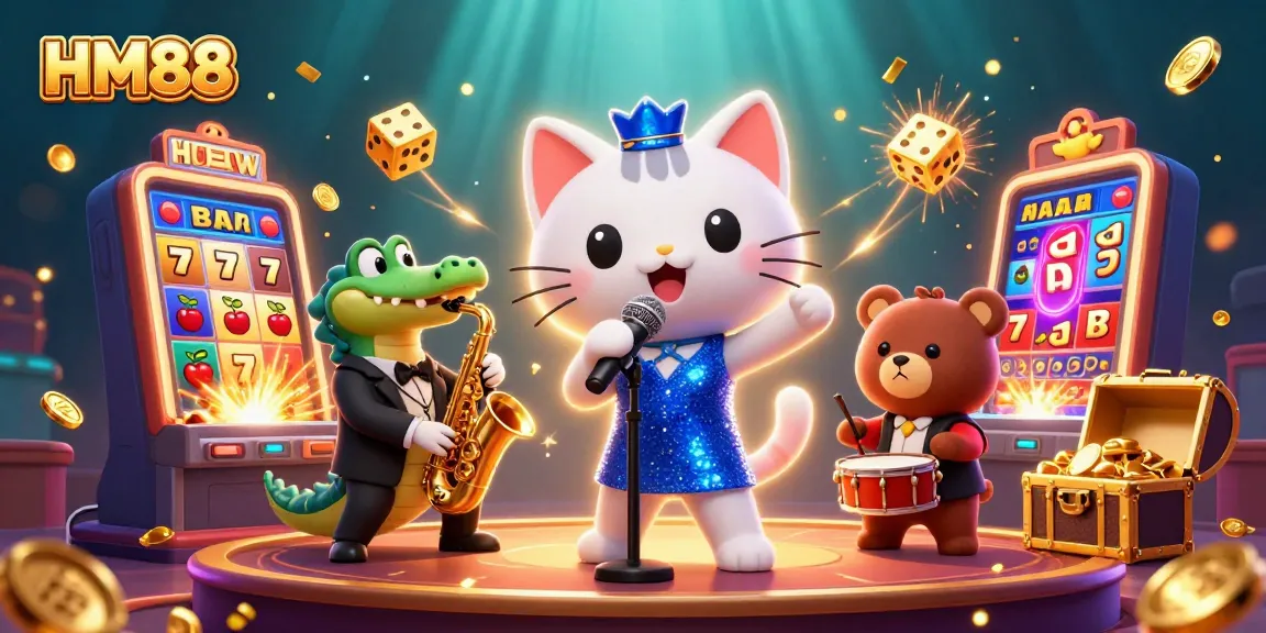Spin the reels at HM88, featuring vibrant casino characters and exciting slot machine action.