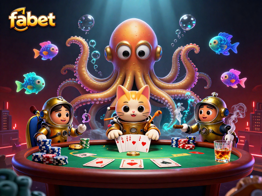 Experience thrilling gambling adventures with fabet's animated 3D kraken and poker scene.
