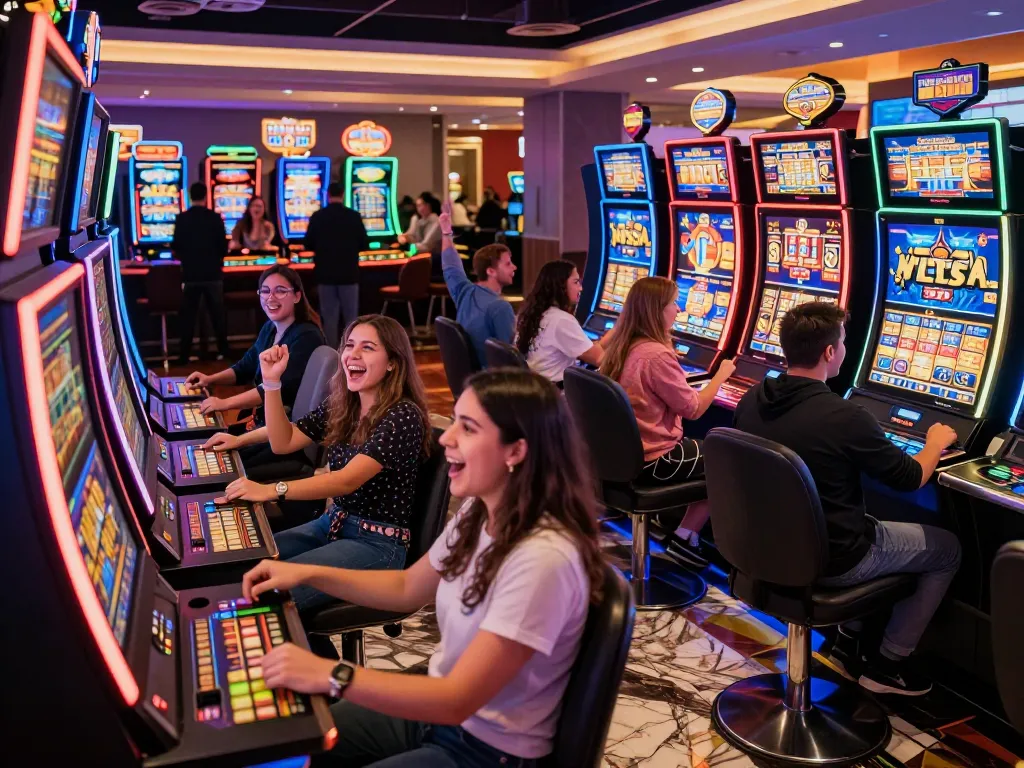 Players celebrate a win at SV88 slot machines, showcasing excitement and colorful lights.
