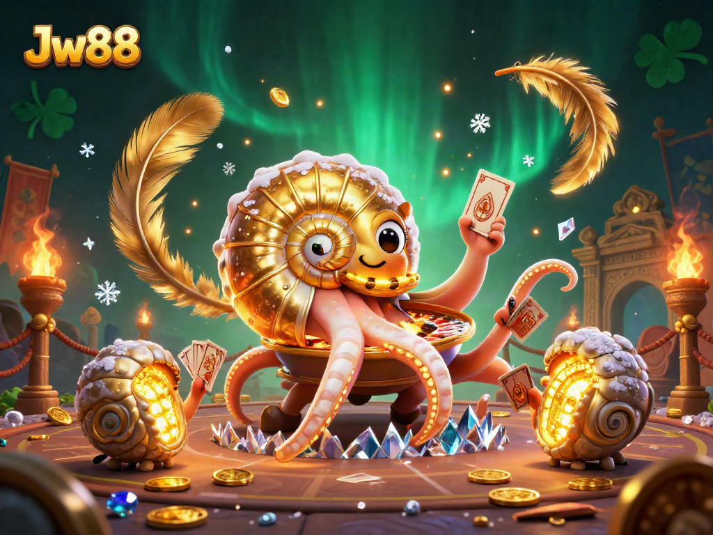 Bet on Jw88 with a vibrant 3D illustration of a giant nautilus roulette wheel and glowing fossil companions.