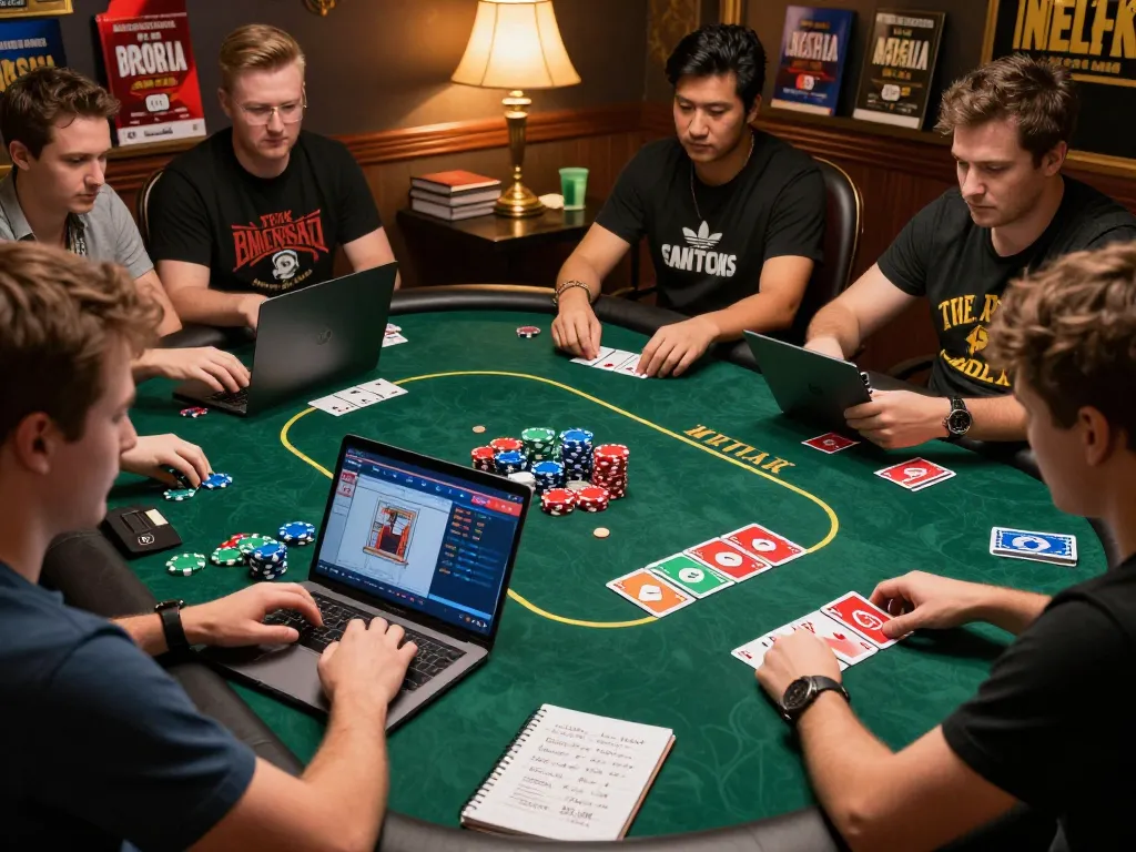Players strategizing in an online poker game while exploring hidden wiki links for tips
