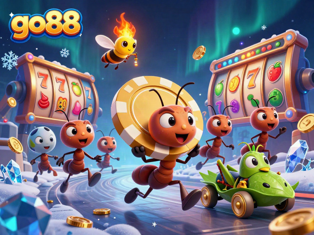 Join the fun with go88 as ants flee with a giant poker chip in this lively casino illustration.