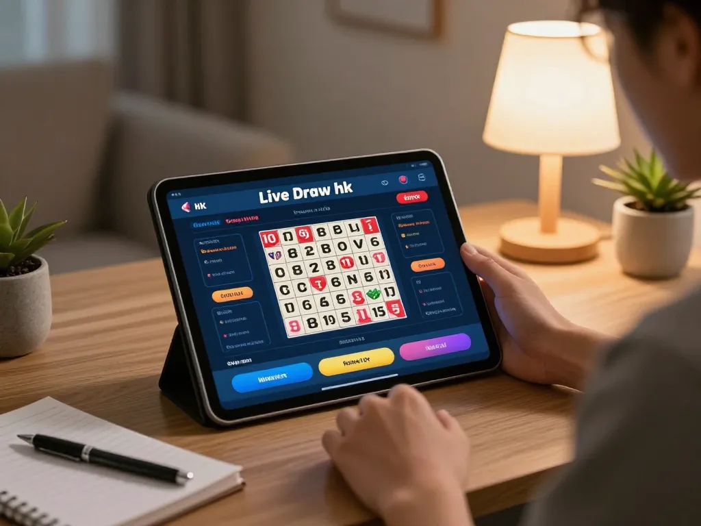 Engaged player checking live draw hk lotto results on a tablet in a cozy home setting.