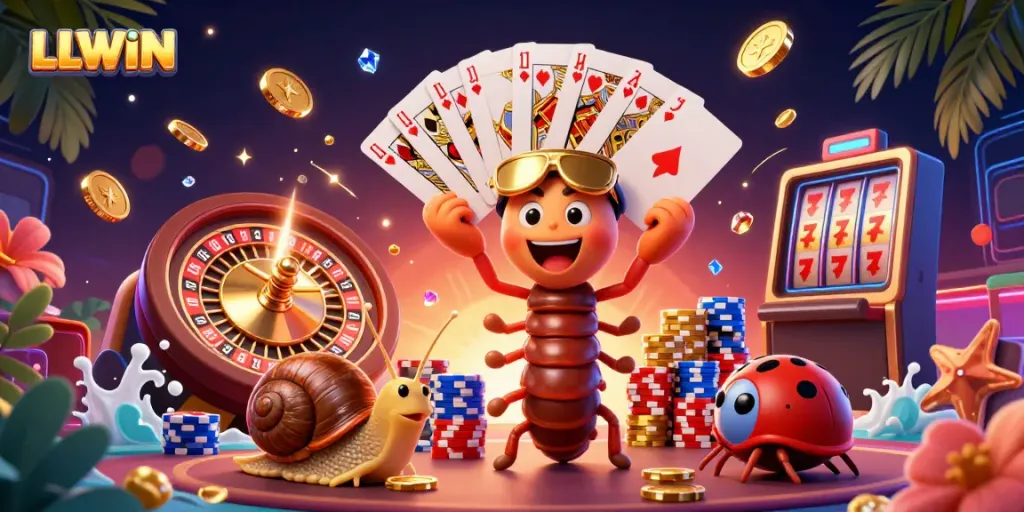 Experience the excitement with LLWIN's animated characters at a vibrant casino scene filled with rich visuals.