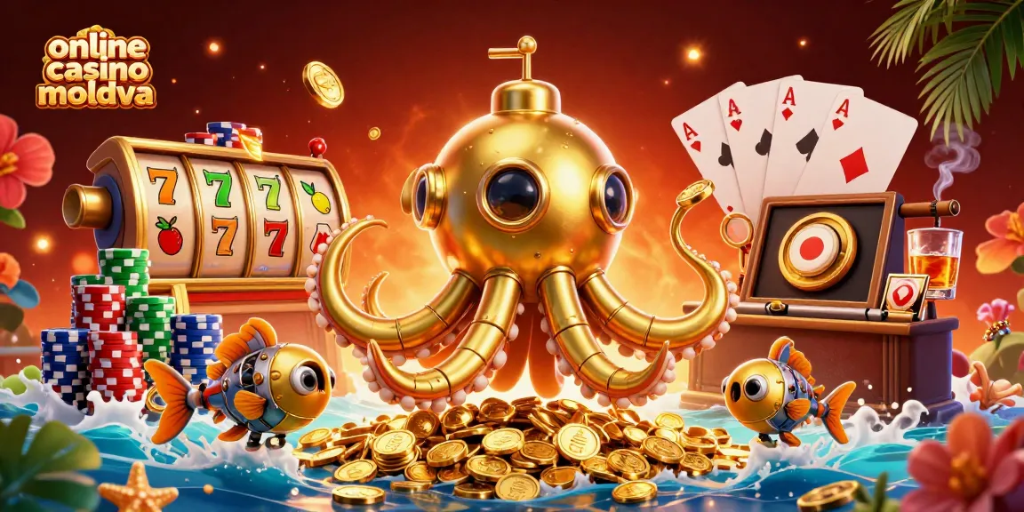 Sloturi diverse la online casino moldova, cu kraken și pești mecanici în jurul monedelor aurii.