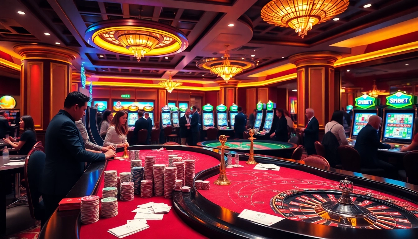 Players enjoying a thrilling game experience at SHBET casino with vibrant tables and slot machines.