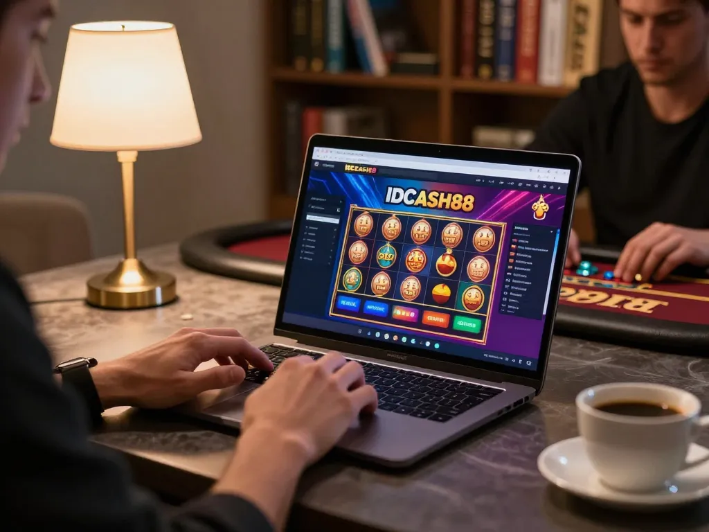 IDCASH88 online casino gaming setup with vibrant slot graphics and focused player at home