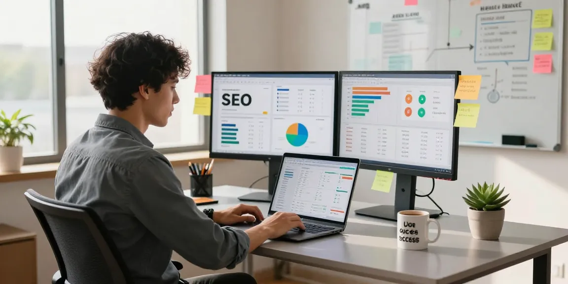 SEO Backlinks Packages analysis in a modern marketing workspace with dual monitors and a laptop.