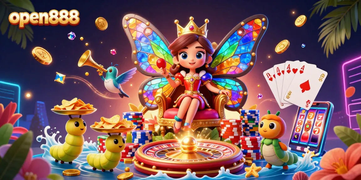 Experience exciting gameplay with open888 featuring a vibrant casino scene filled with games and treasures.