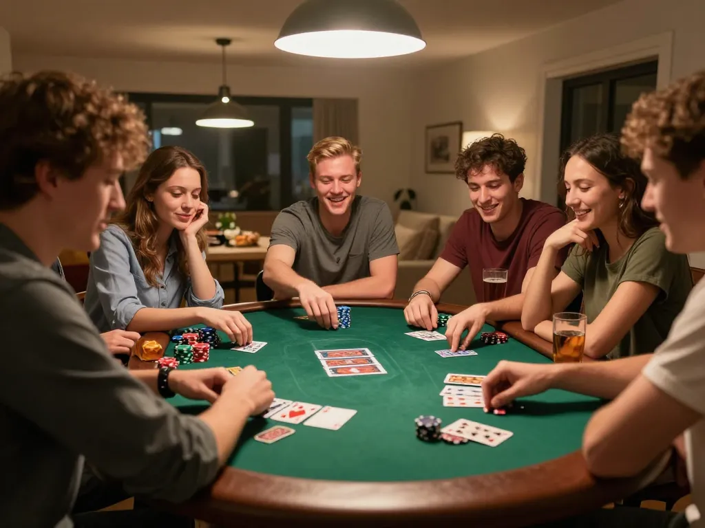 Friends engaged in a lively poker game at home, showcasing strategic moments and social interaction at hnoslara.