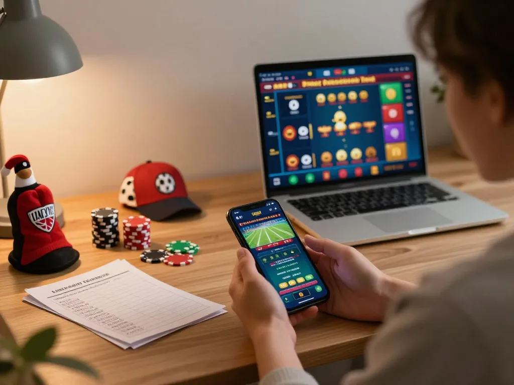 Person placing bets in a cozy home setup using m99 online gambling app.