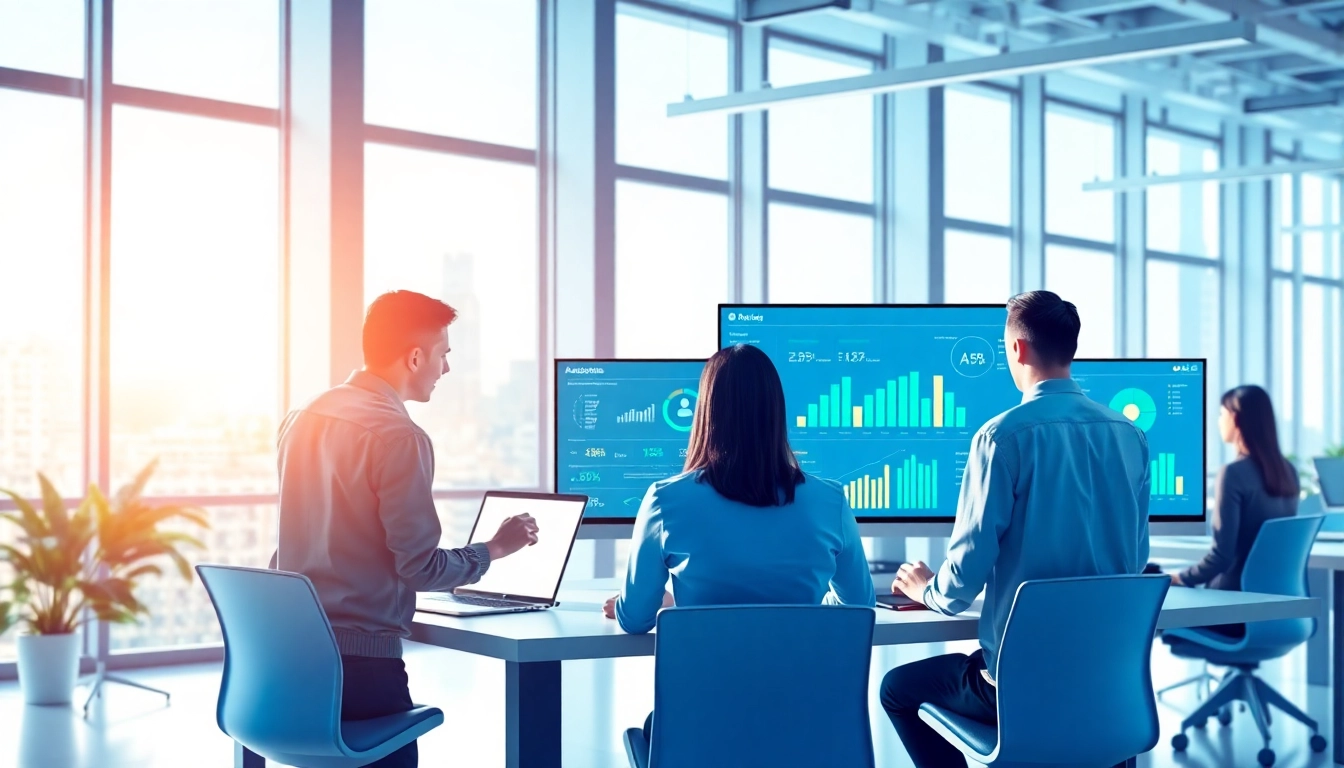 Illustration showcasing enterprise assistant saas in a dynamic office environment with a collaborative team.