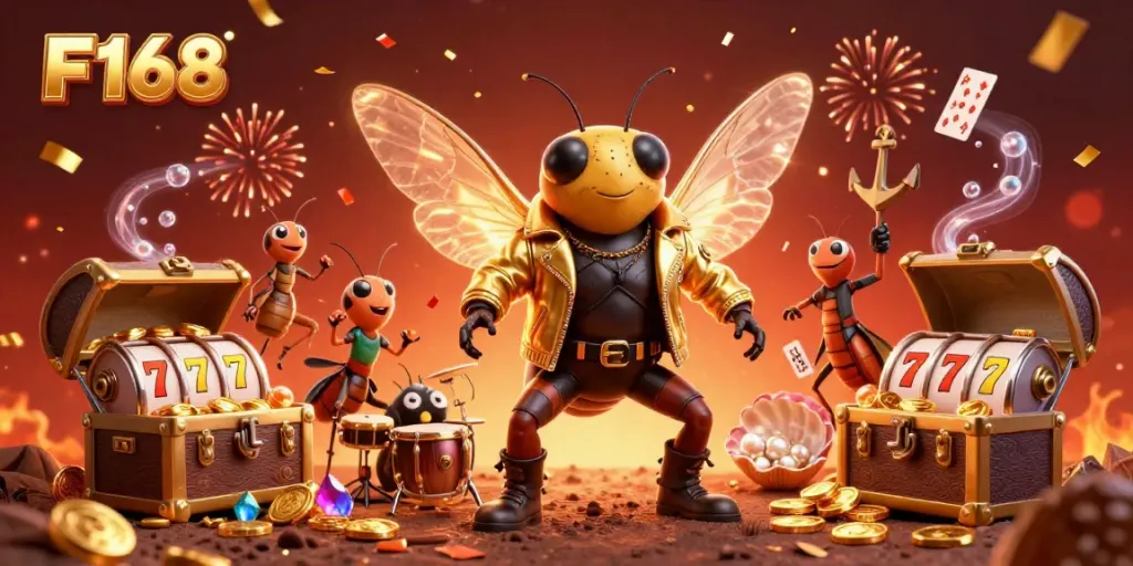 Experience the excitement of F168 with vibrant slot reels and a dynamic rock star scene.