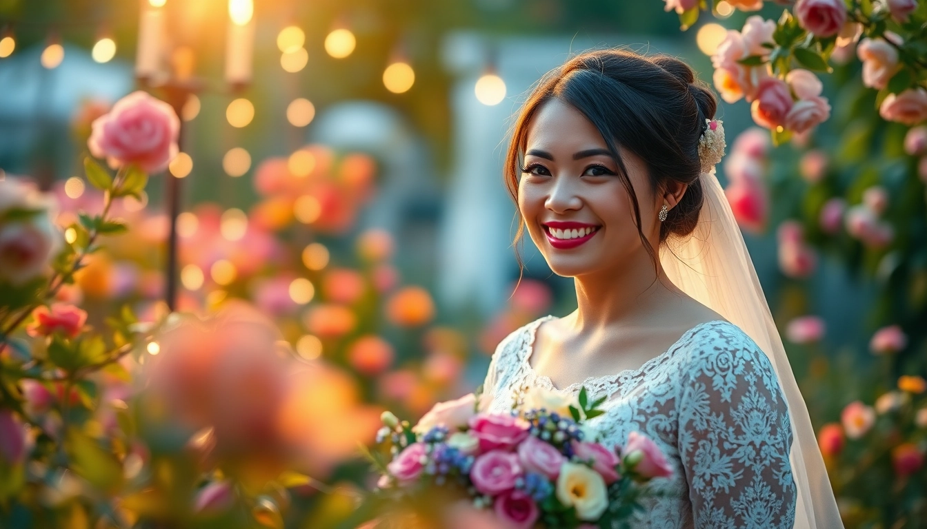 Capture a romantic moment in wedding photography with a happy couple in a blooming garden.