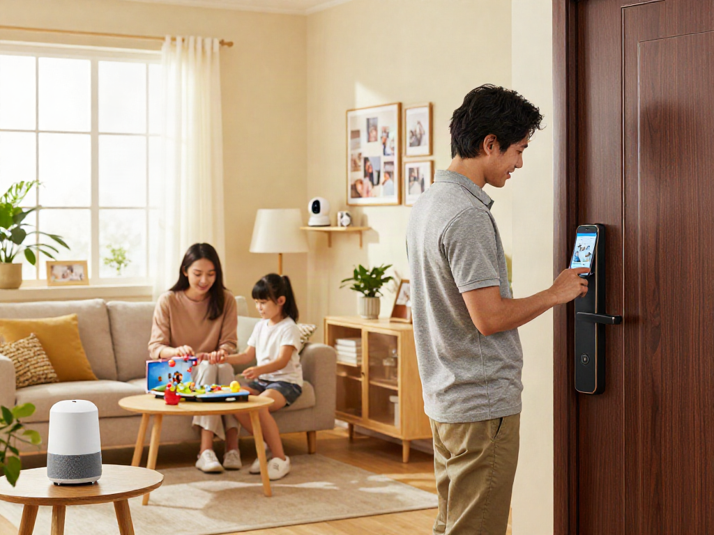خرید قفل هوشمند in a modern family living room highlighting smart home security integration.