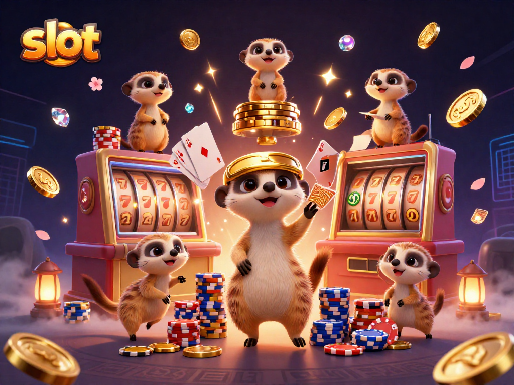 Slot dengan koloni meerkat menjalankan kasino, menampilkan simbol keberuntungan dan koin emas.