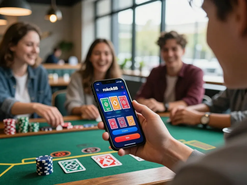 Player enjoys rokok88 mobile blackjack with vibrant interface in a cozy café setting.