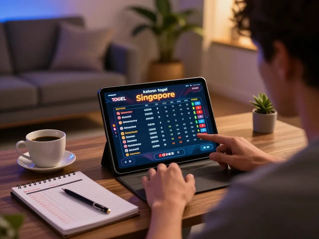 Engaging with keluaran togel singapore results on a tablet in a cozy home atmosphere.