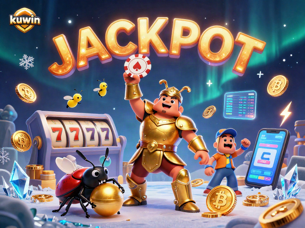 Kuwin online casino features a gladiator beetle victoriously lifting a poker chip amidst thrilling slot elements