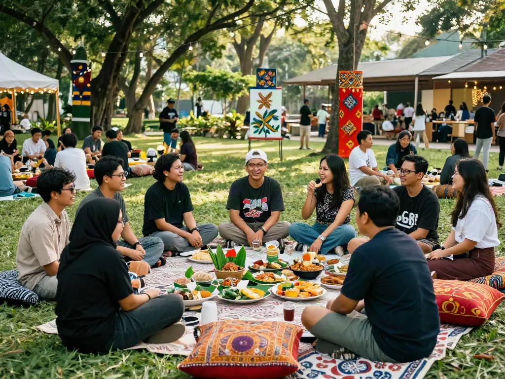 Friends enjoying rokok88 lifestyle during a vibrant outdoor gathering in a park.