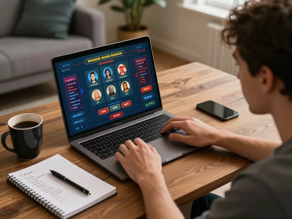 Gamer engaging with a live dealer game on laptop, showcasing tr88 strategies in a cozy home.
