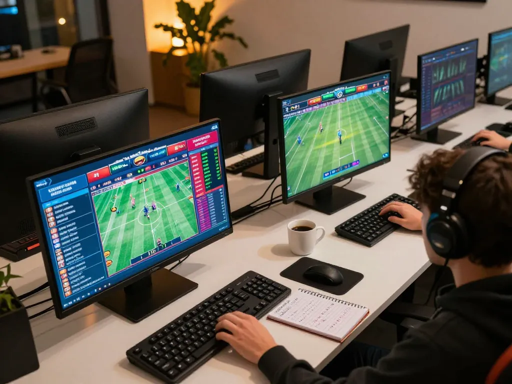 Engaging in online sports betting at OPEN88, showcasing multiple screens with live odds and strategies