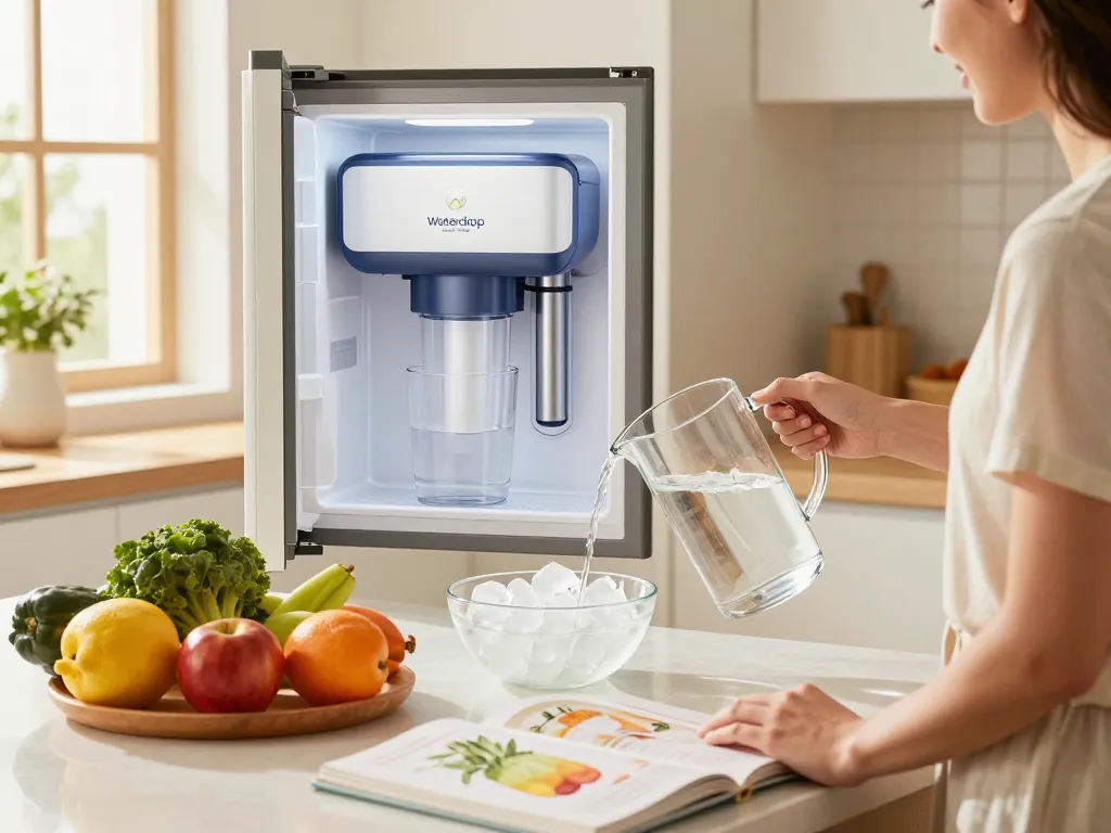 Woman measuring water from the Waterdrop Plus DA97-17376B Water Filter in a bright kitchen, promoting healthy living.