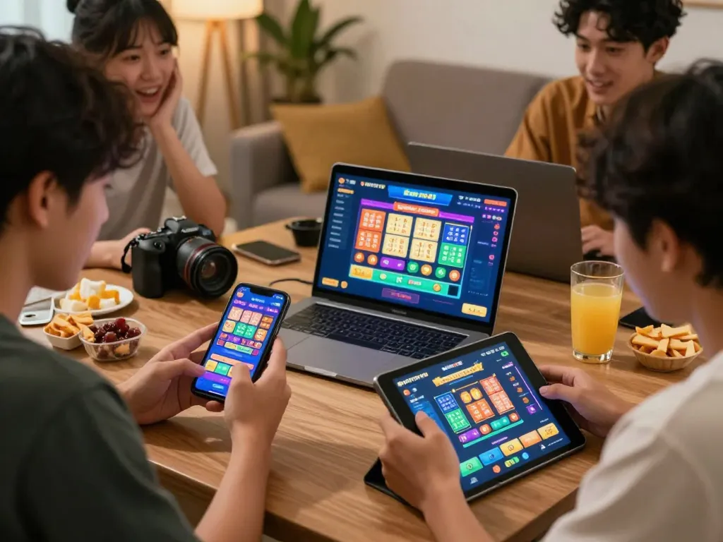 BAYITOTO players enjoying the online Toto Togel 4D experience in a cozy living room.