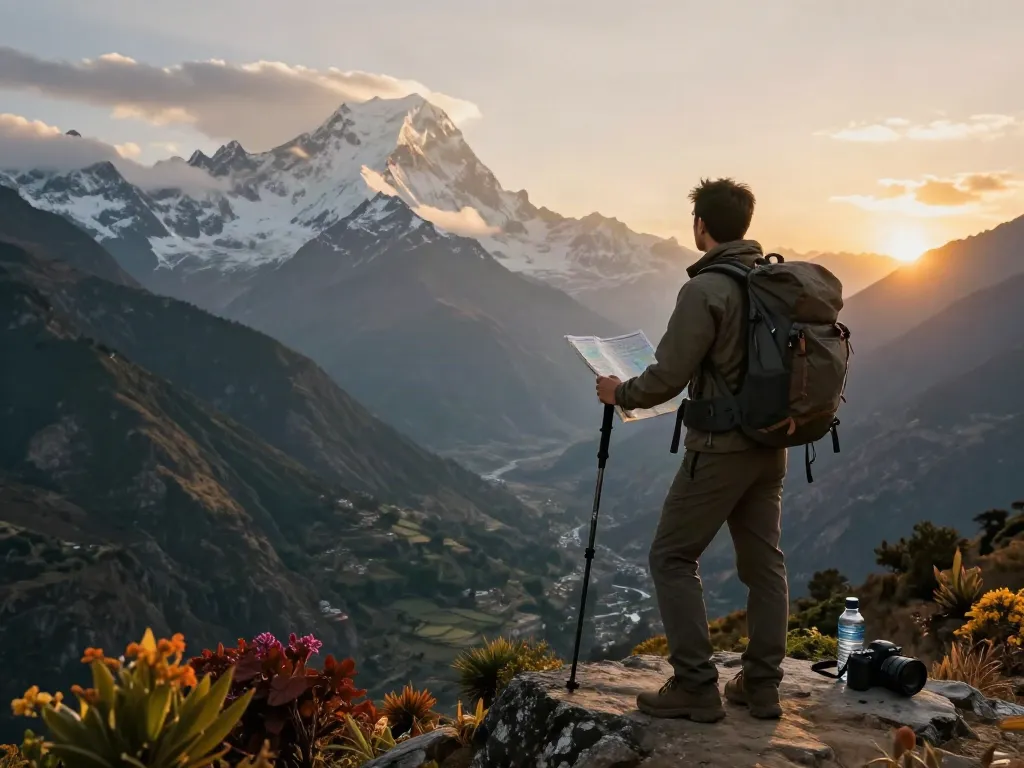 Manaslu Circuit Trek traveler enjoying sunset views from a mountain overlook, surrounded by stunning landscapes and trekking gear.