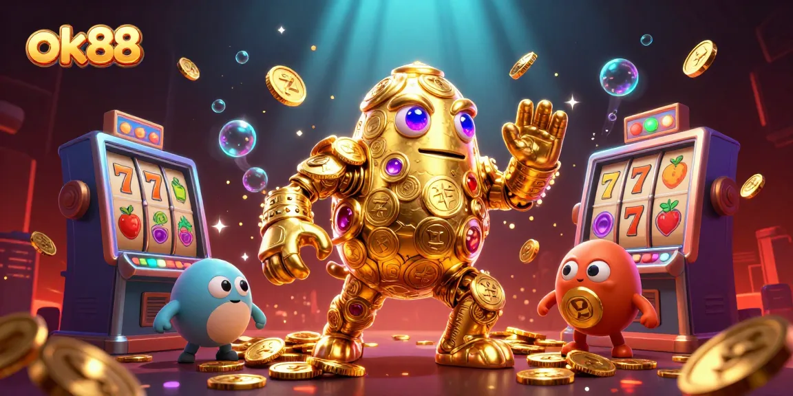 Spin the reels with ok88, featuring a vibrant golem and slot machine symbols in a lively casino scene.