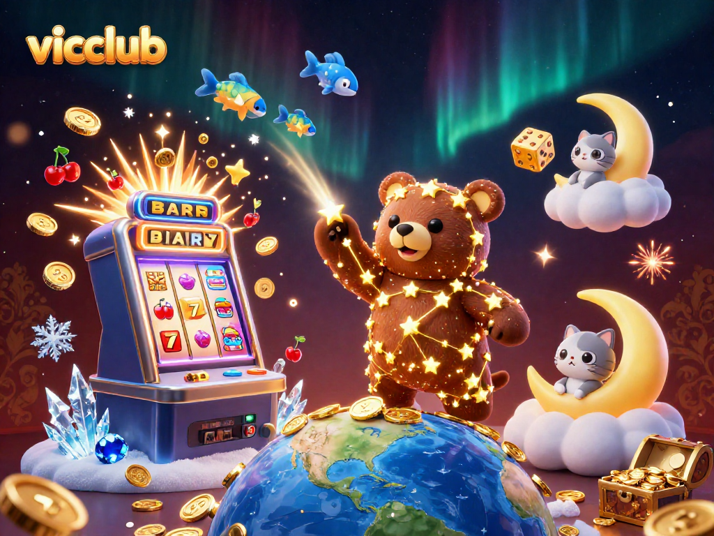 Experience the thrill of winning with vicclub in this vibrant casino-themed illustration featuring a constellation bear and dynamic game elements.