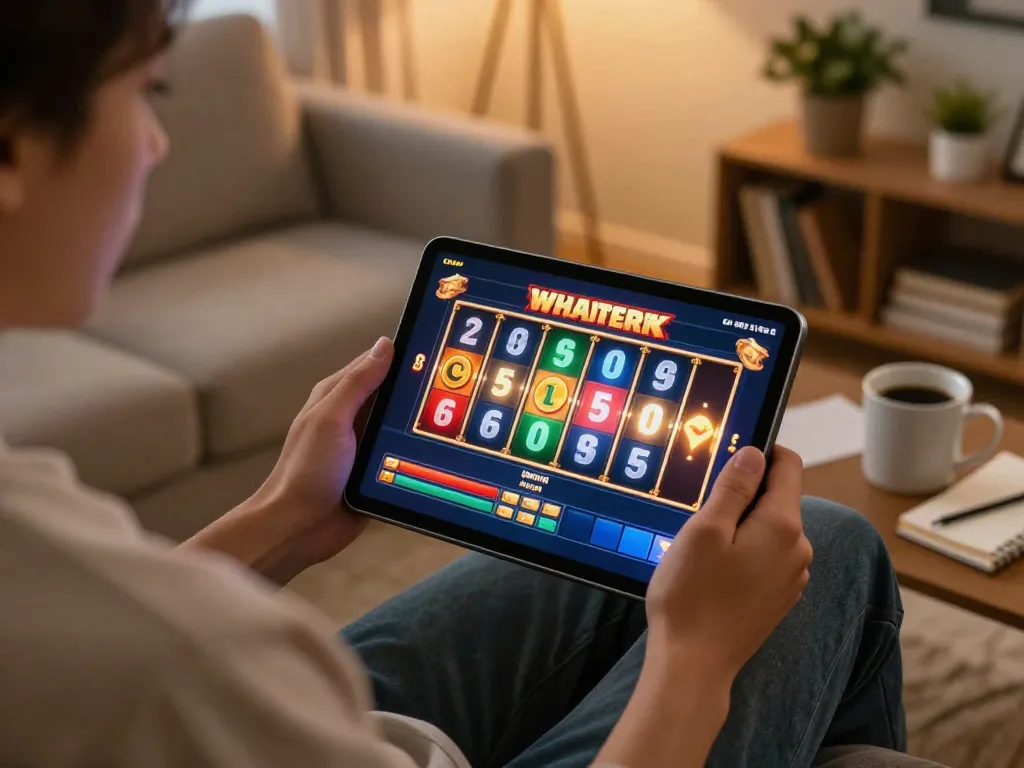Enjoying a thrilling online slot game on nego77 with colorful reels spinning at home