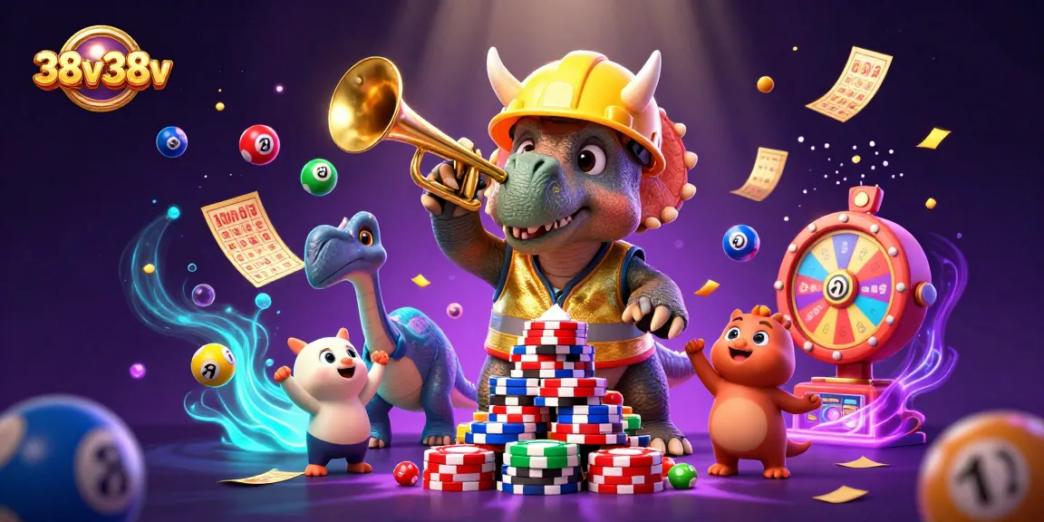 Aposte com o 38v38v em uma cena vibrante de dinossauros celebrando com fichas de poker e elementos de loteria.