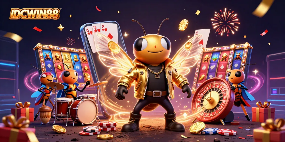 Experience the thrill of IDCWIN88 with a vibrant casino scene featuring a rock star cicada.