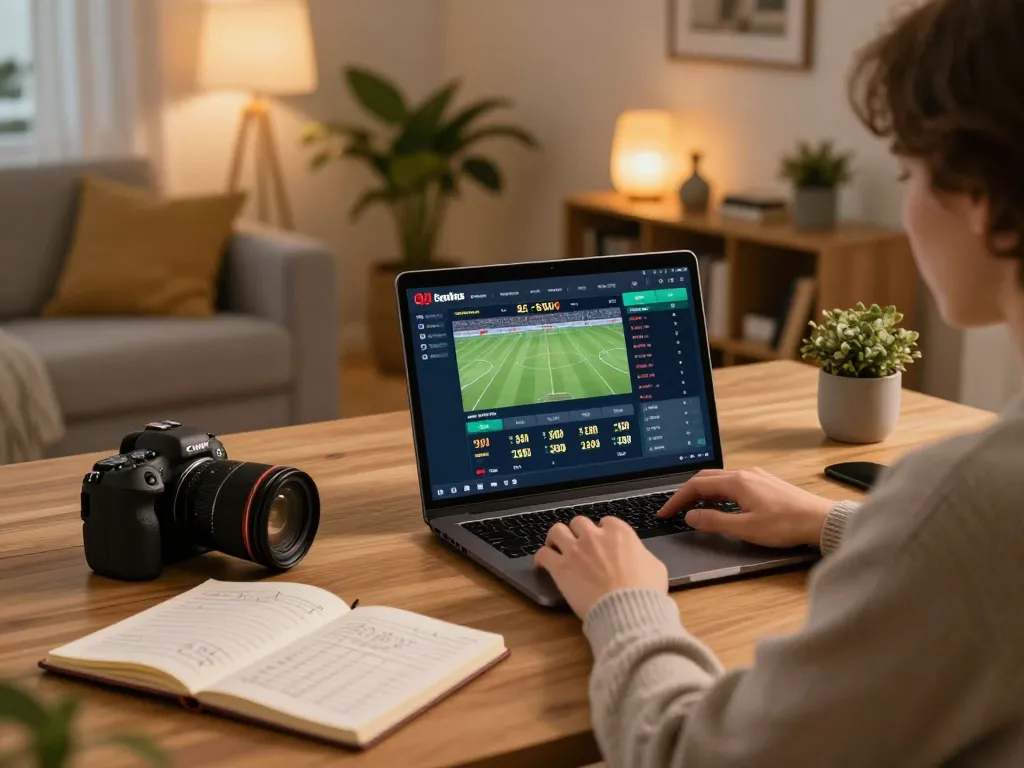 Giocatore impegnato nelle scommesse sportive a casa, mostrando l'interfaccia dei siti non AAMS su un laptop con un'atmosfera calda.