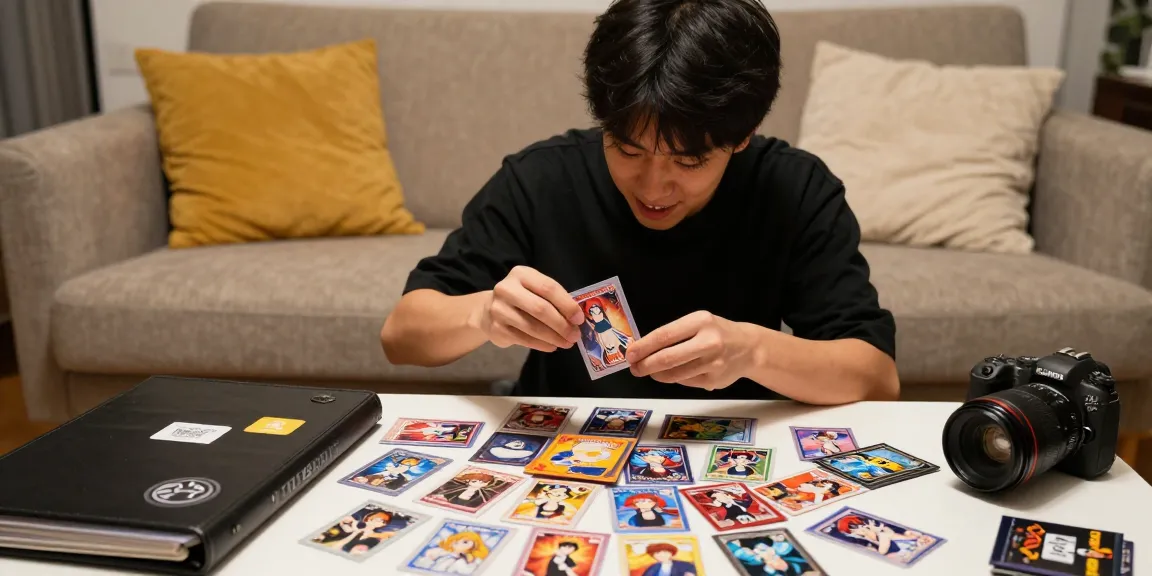 オリパおすすめのカードコレクションを楽しむ若者の姿、絵柄が鮮やかなトレーディングカードがパックから溢れ出す様子。