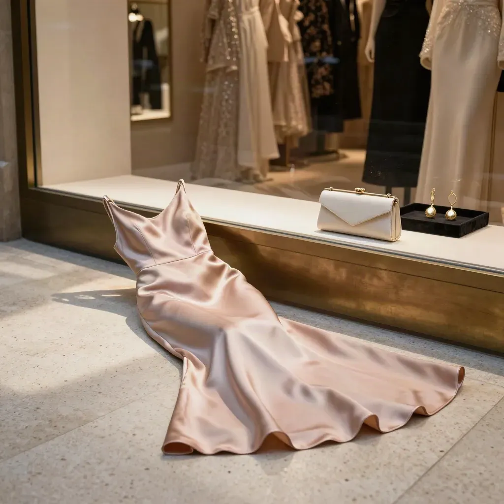 Blush satin dress with clutch and gold earrings on pale stone in a dramatic boutique display.