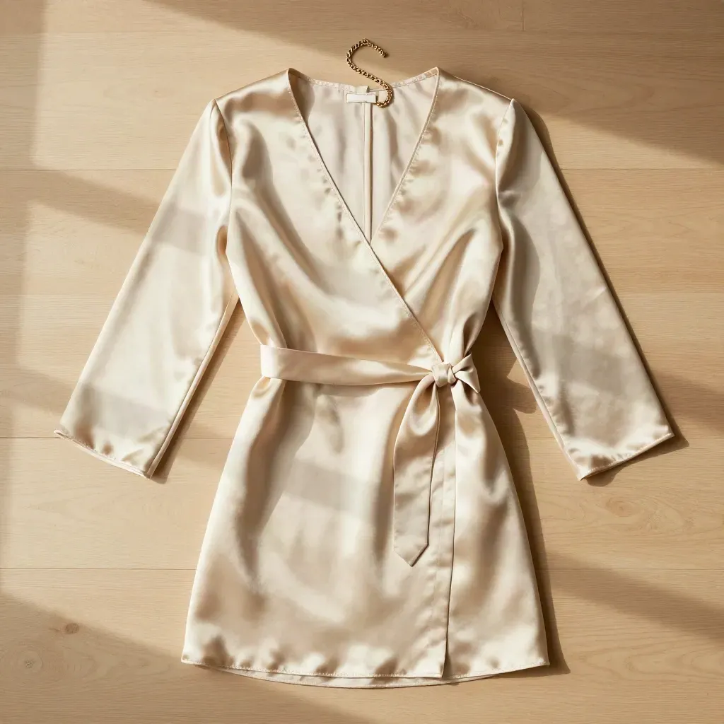 Gold-toned cream satin wrap top flatlay with skirt panel and chain bracelet on pale wood.