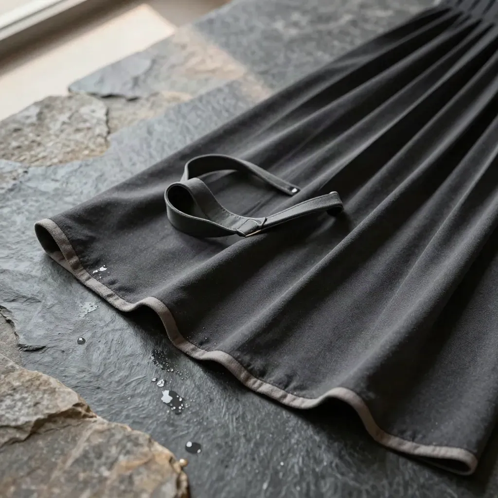 Charcoal pleated midi dress with heel strap on wet stone, shot tight from above.