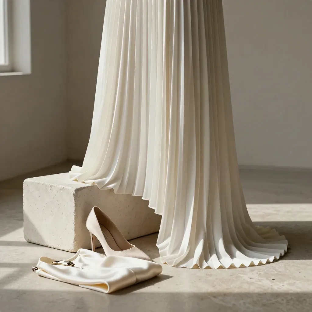 Ivory pleated skirt draped over a plaster block with a heel and folded top on limestone.