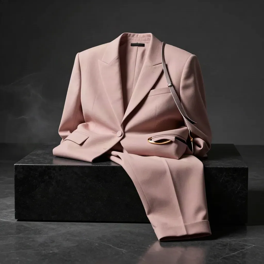 Blush co-ord set stacked with a strap and bangle on a matte-black studio plinth.